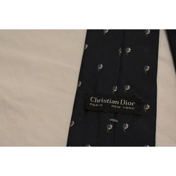 Vintage 80's Men's Christian Dior Dark Blue Floral Silk Neck Tie - Picture 3 of 4